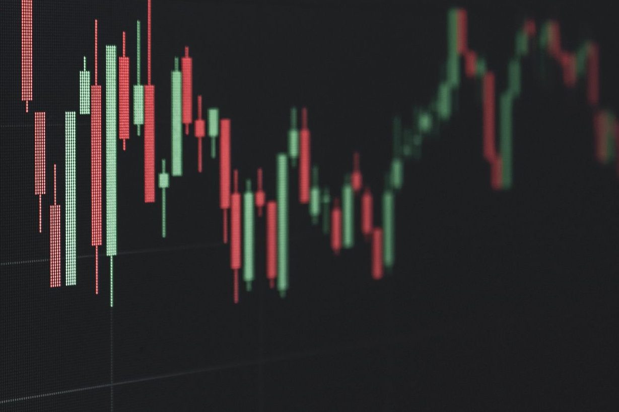 a stock chart with green and red lines