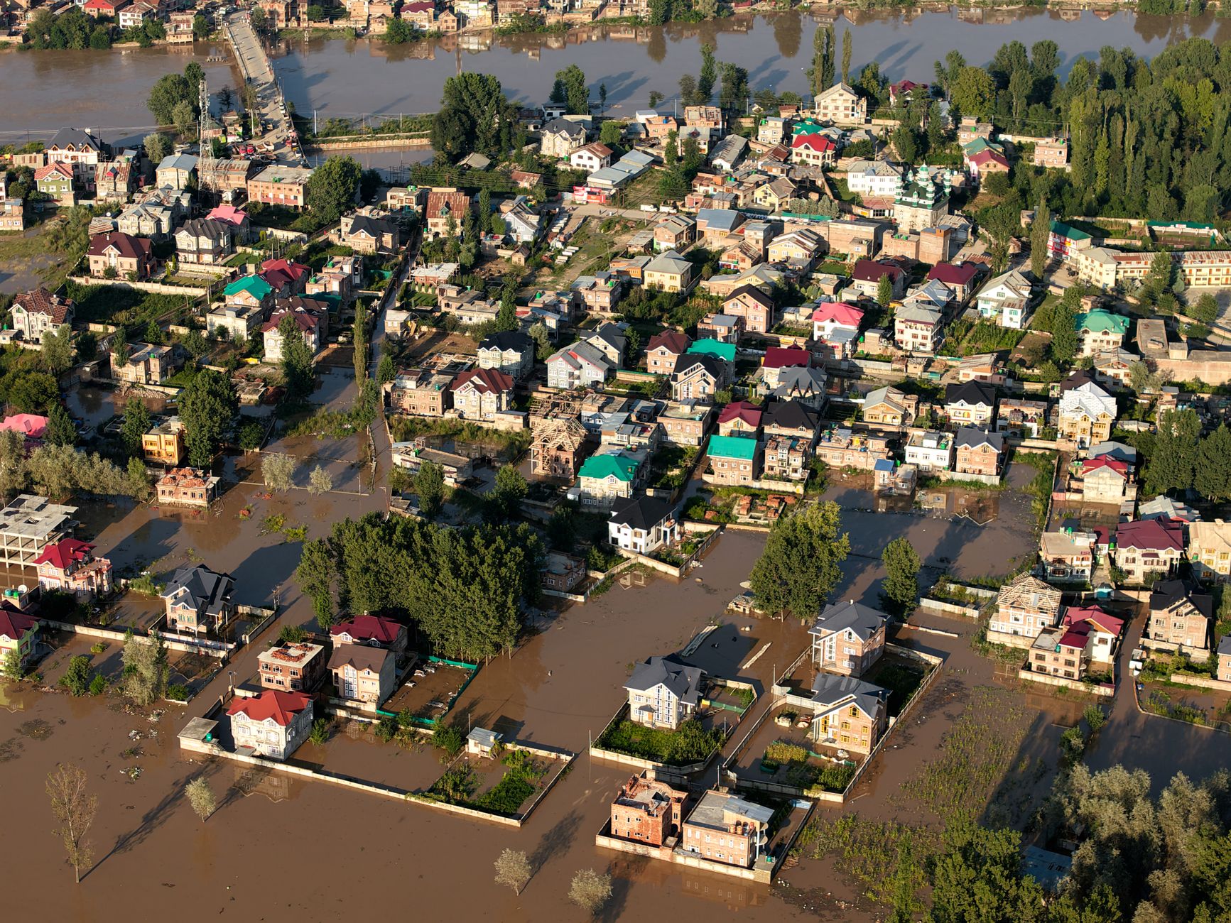 aerial view of flooding in urban kashmir